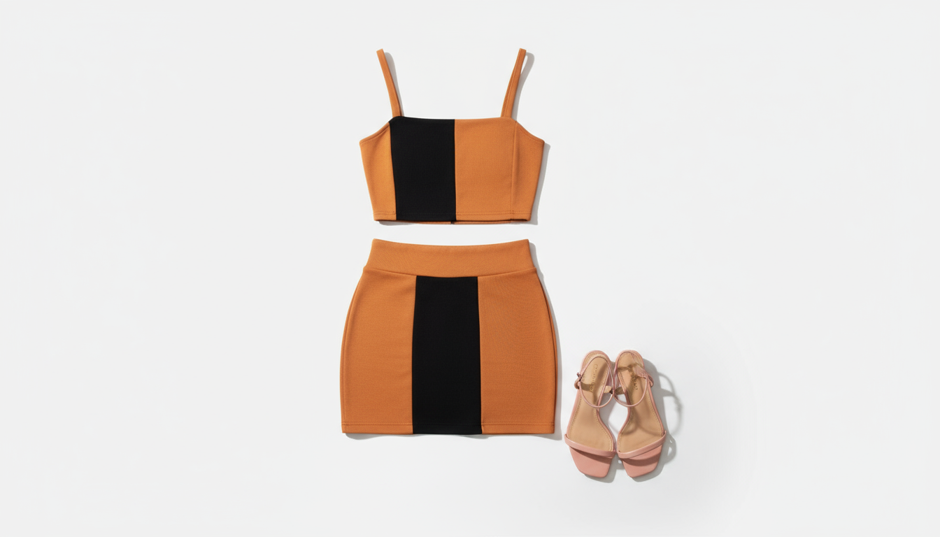 Sunset Duo Colorblock Crop Top & Mini Skirt (Terracotta/Black) Back View